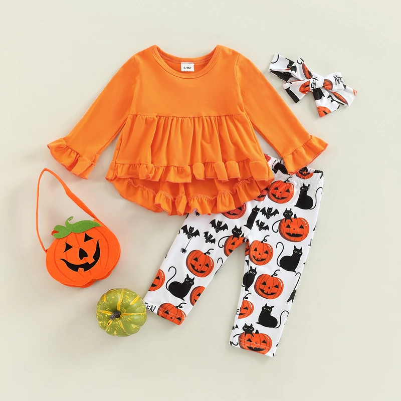 

Toddler Boys 3 Piece Halloween Costume Set Striped Long Sleeve Shirt Spider Web Print Pants Hat Pumpkin Ghost Spider