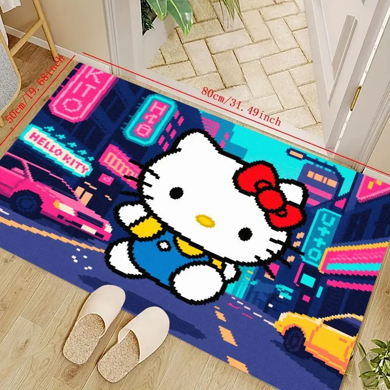 

1PC Kawaii Hello Kitty Pixel Art Floor Mat, Retro 8-Bit Cyberpunk Neon City Scene Runner Rug, Non-Slip Absorbent Welcome Doormat