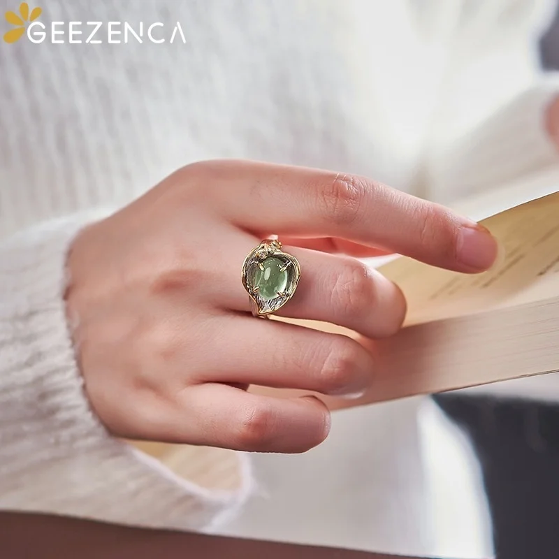 GEEZENCA 925 Sterling Silver Two Toned Leaf Prehnite Stone Open Ring Women Trendy Luxury Dainty Adjustable Statement Rings Gift