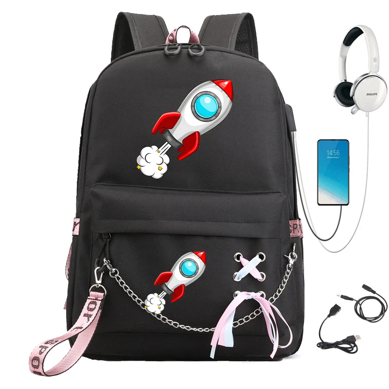 Space Rocket Cartoon Backpack Bags for Girls Secondary School Bagpack College Student Rucksack Usb Charging Mochila Escolar