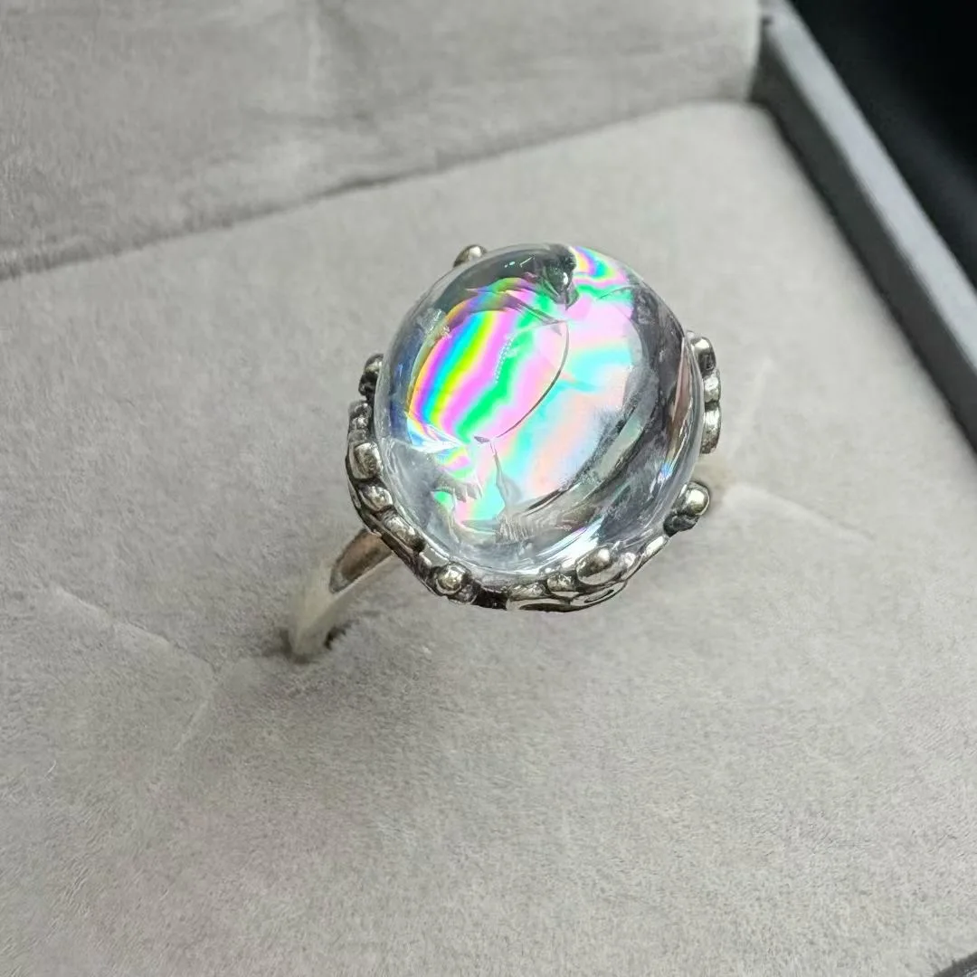 

1Pc Fengbaowu Natural Rainbow Rock Quartz Smoky Quartz Sphere Ring 925 Sterling Silver Reiki Healing Stone Jewelry Gift Women