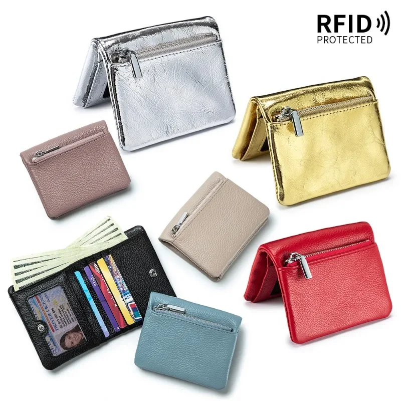 Men Women RFID Blocking Genuine Leather Wallet, Bifold Design Purse with Zipper Coin Compartment Multiple Card Slots ID Wallet
