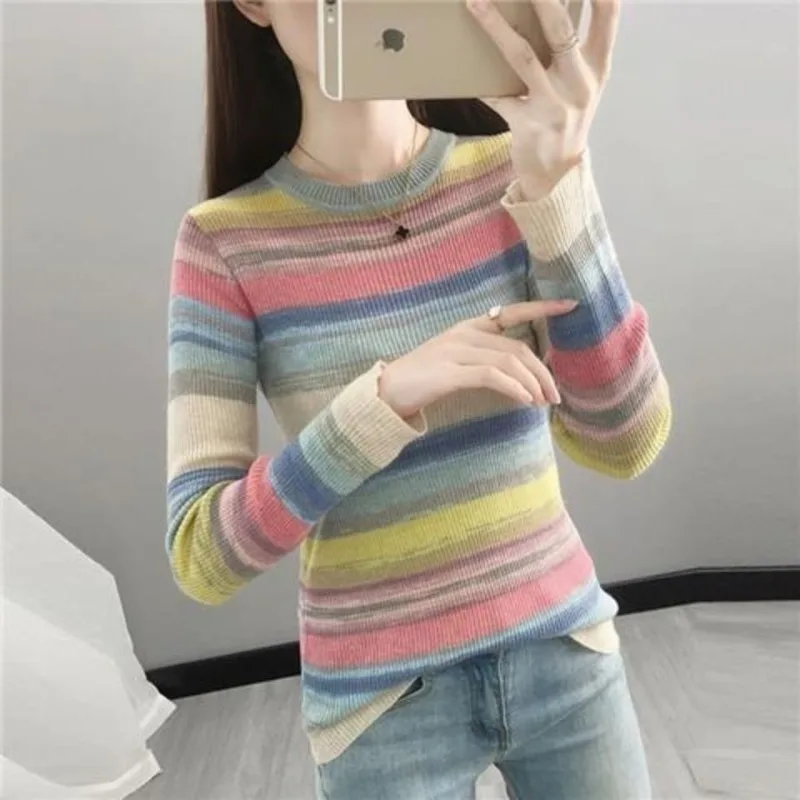 Women\'s Spring Autumn Fashion Round Neck Pullover Stripe Contrast Color Casual Versatile Long Sleeve Slim Fit Sweater Knit Tops