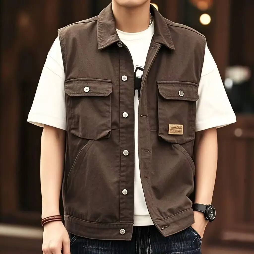 Summer 2026 Retro Denim Vest Men's Handsome Trend Tooling Vest Jacket Biker Tactical Men Clothing Coffee Veste Homme