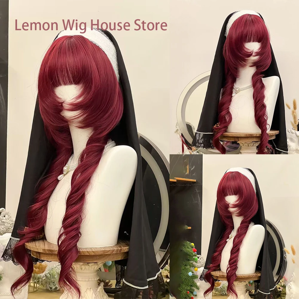 Wine Red Double Ponytail Wig for Women Roman Roll Princess Roll Wig Lolita Cosplay Wigs Synthetic Long Curly Hair Heat Resistant