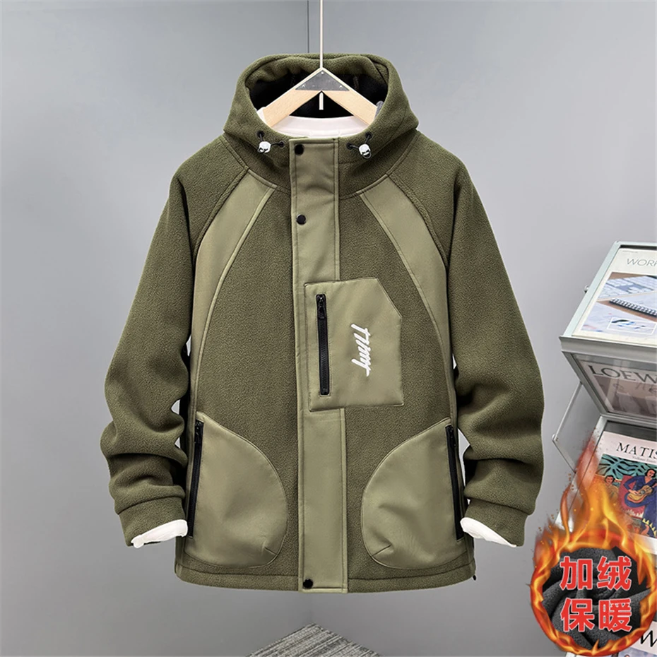 13XL 10XL Plus Size Cargo Jacket Men Autumn Winter Fleece Jacket Coat Male Fashion Casual Patchwork Jackets Big Size 13XL image 3