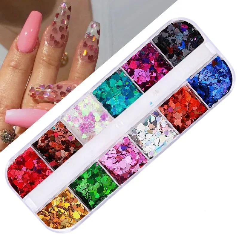 12 Grids/Set Mixed Size Nail Glitter Flakes 3D Sequins Powder Charm Nail Art Decoration Manicure Tools