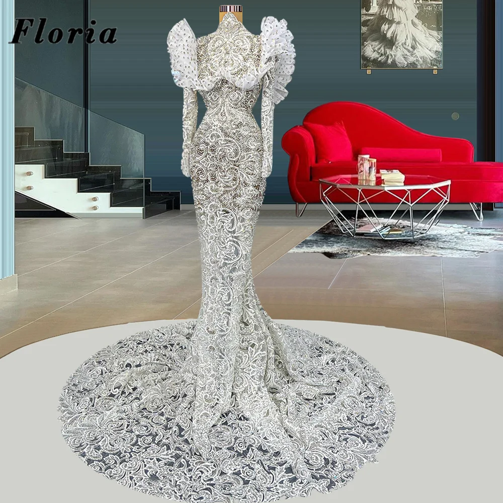 

Floria Middle East Ivory Lace Pearls Evening Dresses Turkish Dubai Mermaid Prom Gowns For Women Custom Made Wedding Party Dress