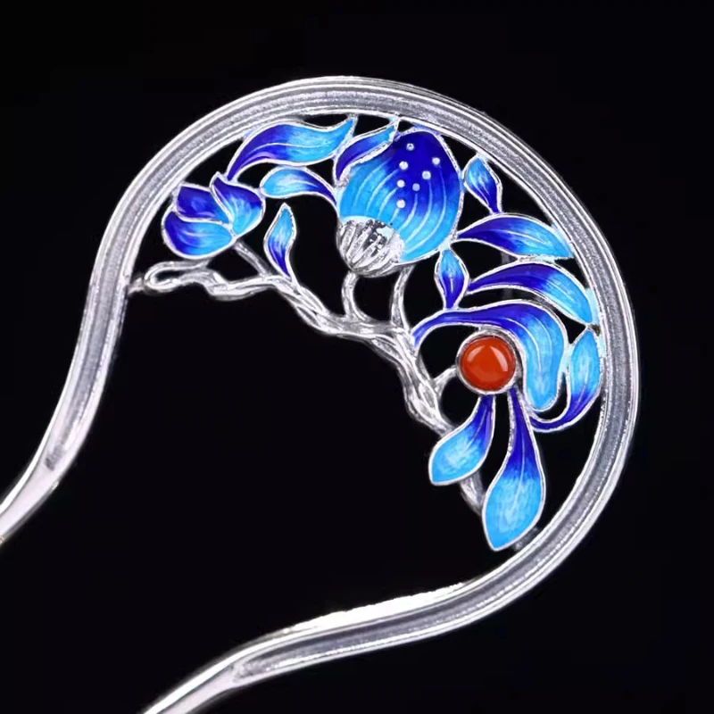 Vintage Style Cloisonne Enamel Peony Flower U-shaped Hairpin Hairpin Hair Accessories 925 Silver Jewelry for Women Gift