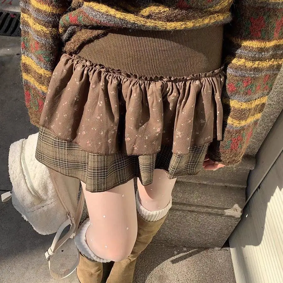 

Sweet And Spicy Floral Plaid Puffy Cake ort Skirt High Waist A-Line Double Layer Splice Skirt Korean Sle Commute