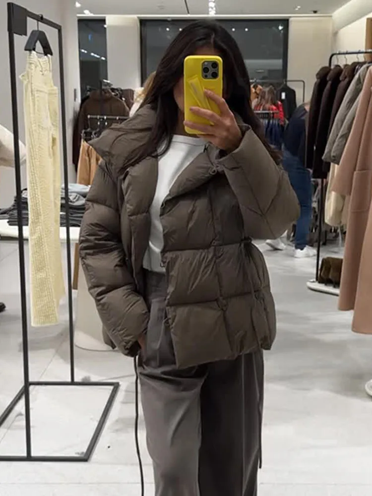 

HH женские зимние модные пальто однотонные с высоким воротником и длинными рукавами, карманами, украшенными шнуровкой, однобортные женские повседневные куртки