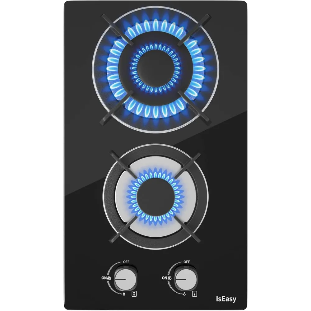 Placa de gas con 2 fuegos, autosuficiente, para cocina de gas – Cocina empotrable – gas natural/propano (2 quemadores – cristal)