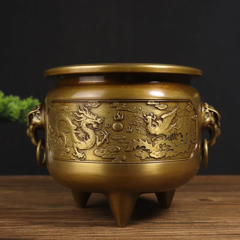 Antique Bronze Collection: Suzhou Craftsmanship Brass High Altar Incense Burner with Ring Handles and Three Legs, Creative Home
