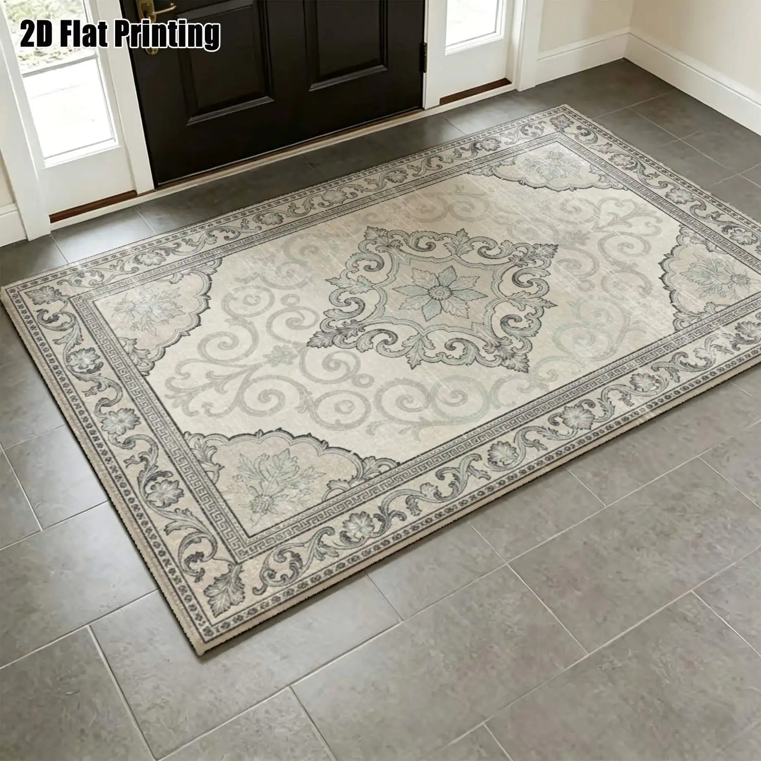 1Pc 2D Printed Carpet: Blue-Grey Floral Scroll, Vintage European Geometric, Home Decor, Multi-Size, Machine Washable, for Living Room, Bedroom, Dining Room, Entrance, Study