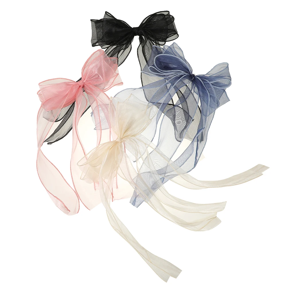 New Transparent mesh Long Ribbon Big Bow Hair Clips Barrettes Hairpin Bangs Buckle Hairclip Lovely Hair Accessories