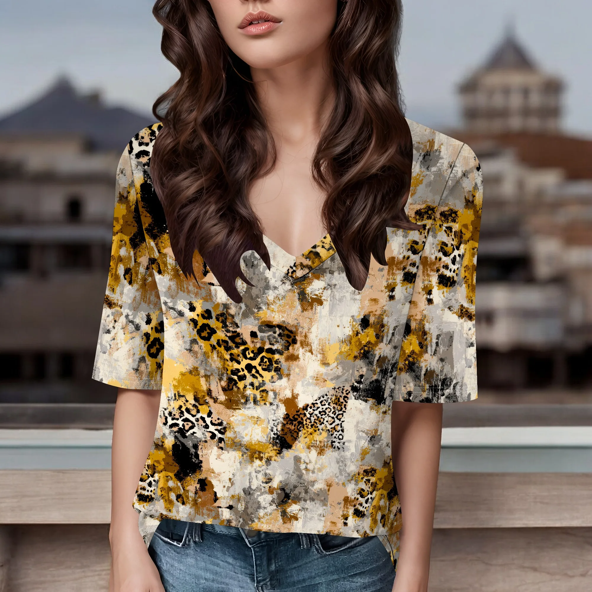 3/4 Length Sleeve Womens Tops 2025 Floral Print Vintage V Neck Top Shirt Loose Plus Size Shirts Vacation Outfits
