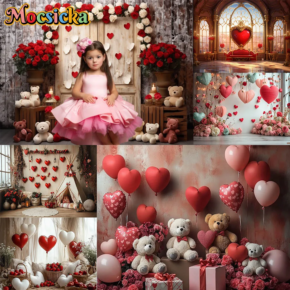 

Mocsicka фон для фотосъемки с красной розой, милый плюшевый медведь, украшение для новорожденных, первый день рождения, портретные фоны для фотографии