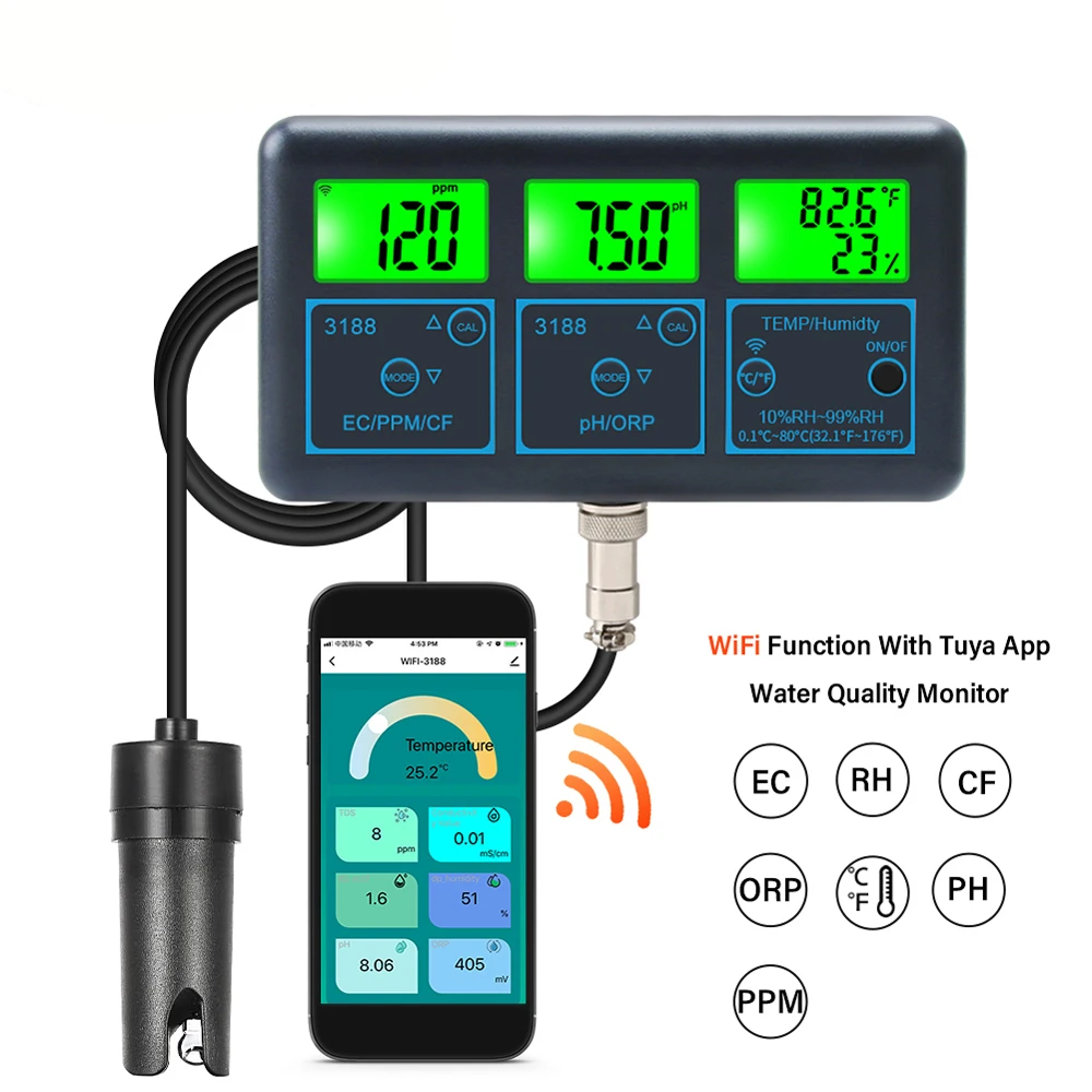 

Tuya WiFi 7in1 Water Quality Analyzer Digital PH/ORP/EC/PPM/CF Humidity Temperature Monitoring Meter For Drinking Water Aquarium