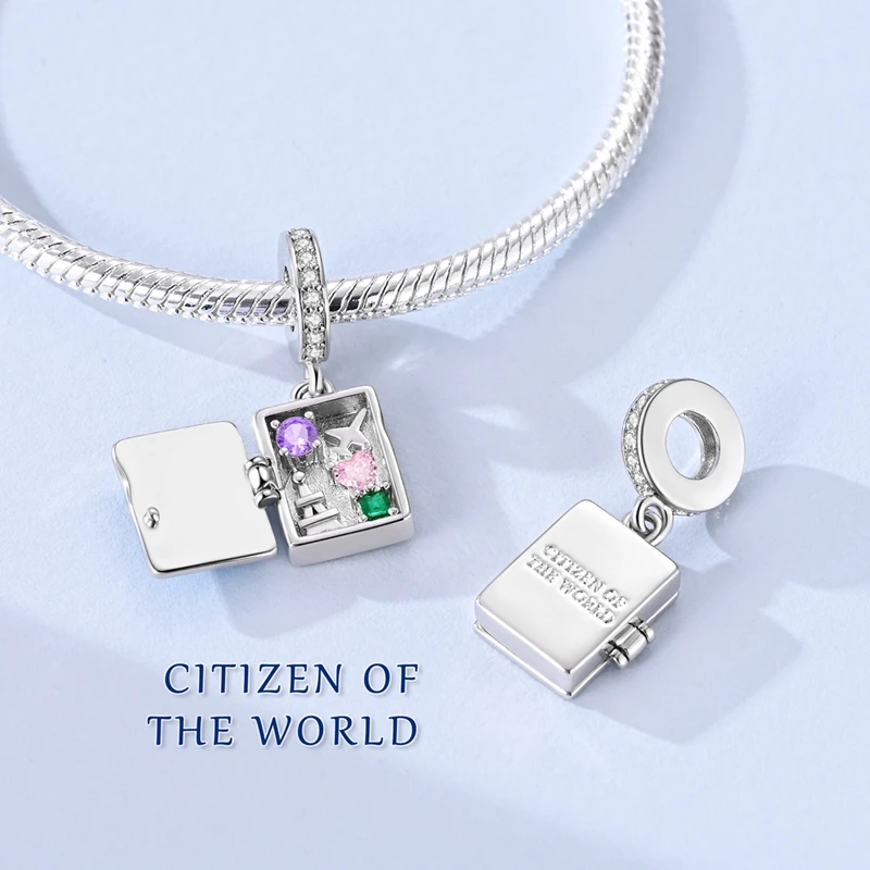 

925 Sterling Silver Charms Open Close Passport CZ Zircon Dangle Fit 3mm Original Bracelet DIY Women Anniversary Jewelry Gifts