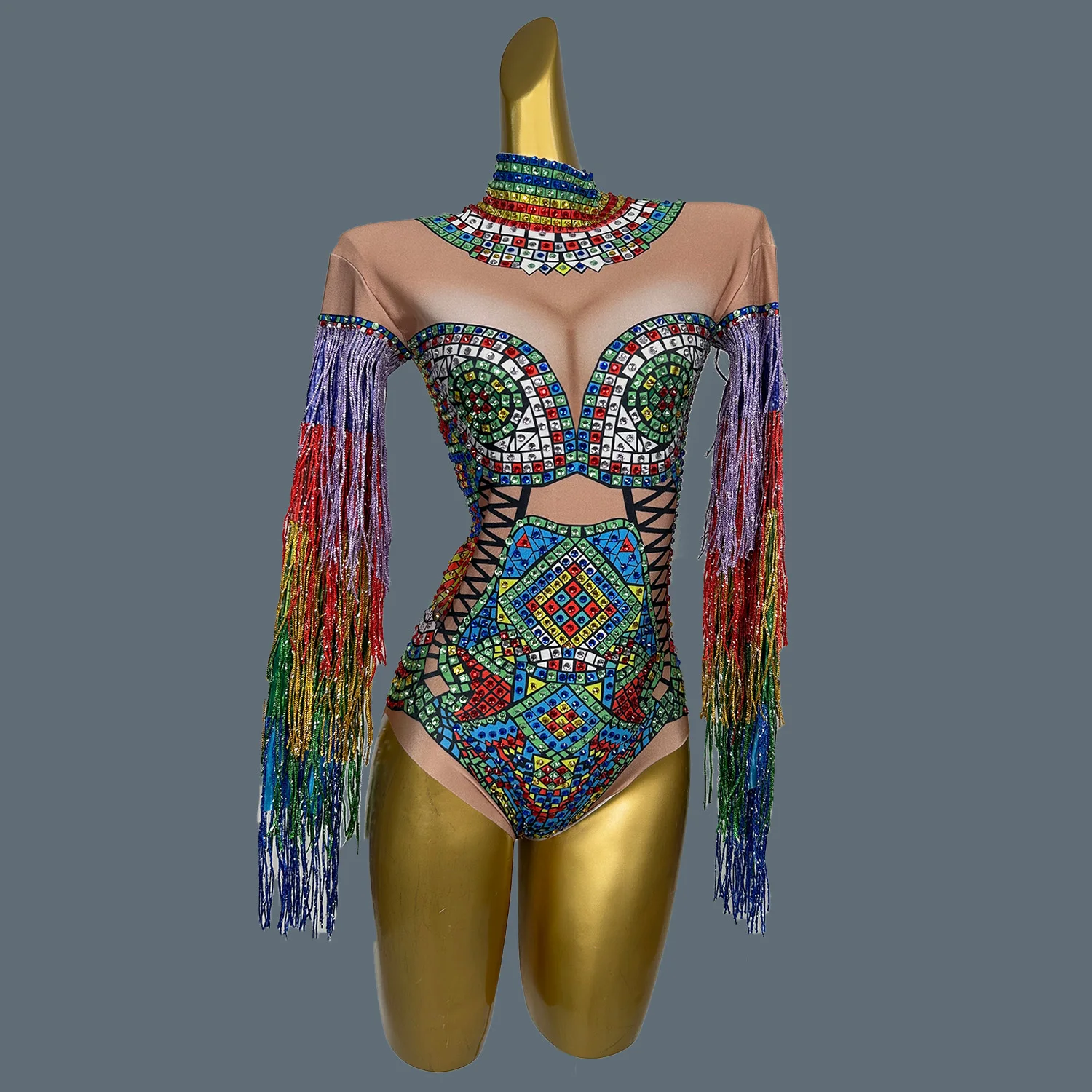 

Women Sexy Colorful Tassel Bodysuit High Elastic Diamonds Jumpsuit Singer Bar Nightclub Stage Performance Clothing Cizhuan