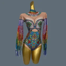 Women Sexy Colorful Tassel Bodysuit High Elastic Diamonds Jumpsuit Singer Bar Nightclub Stage Performance Clothing Cizhuan