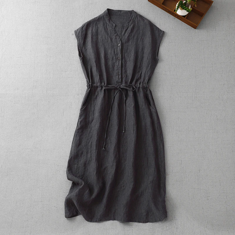 

Summer New Cotton Linen Midi Dr Women's Svel Dr Knee-Length Gored Skirt V-Neline Casual Commute Sle Dr