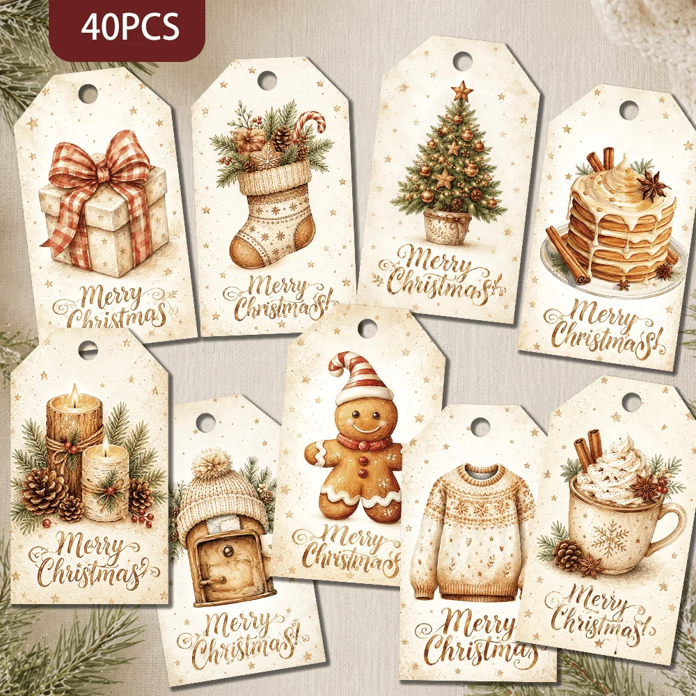 40pcs, Christmas Gingerbread Man Decorative Tags, Holiday Gift Labels, Party Decorations, Handmade Packaging Accents, Jute Rope