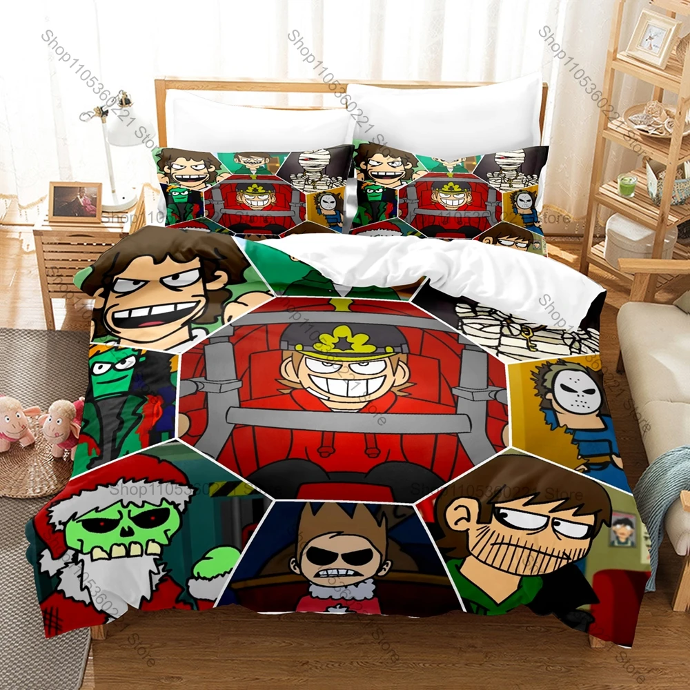 Cool Eddsworld Classic British Flash Cartoon Edd Green Hoodie Tom Blue Matt Purple Tord Red Bedding Set Duvet Cover + 2 Pillowca