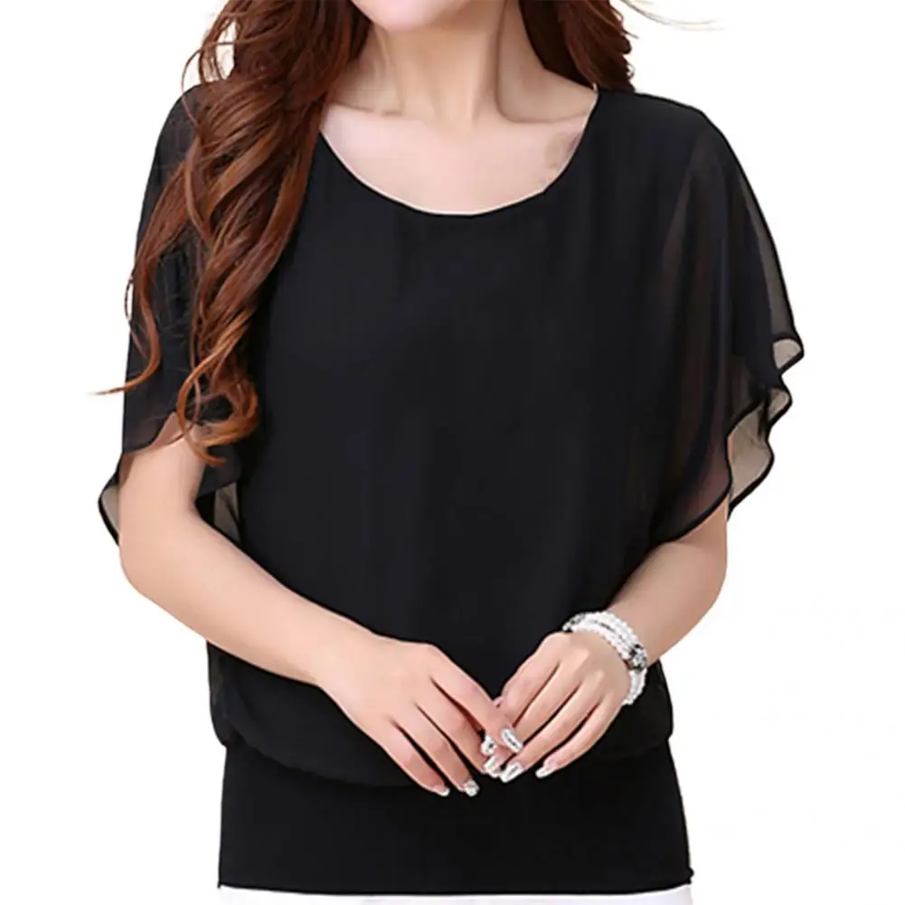 T-shirt Wanita Blus Musim Panas Sifon Leher Bulat Atasan Wanita Santai