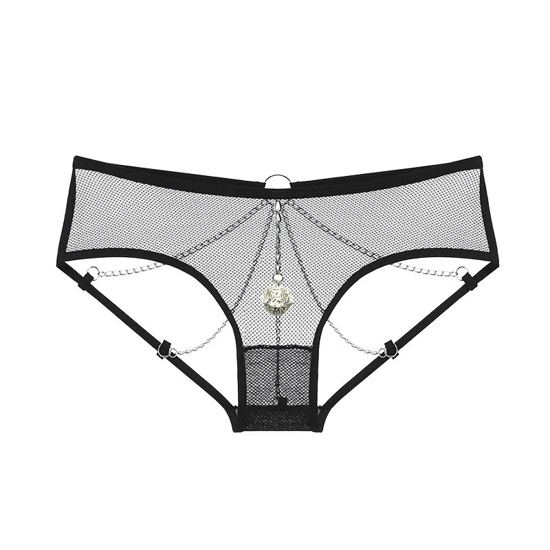 

Women's Open Crotch Thong Panties See-through Hollowing G-String Lingerie with Bell Chain Binding Sexy Accessory