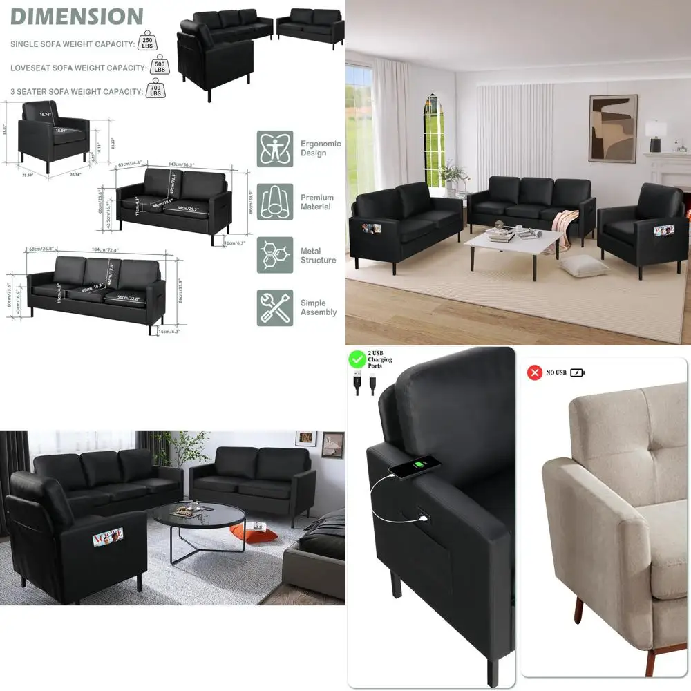

Compact 3-Piece Living Room Set: Black Couch, Loveseat, & Accent Chair with USB Ports