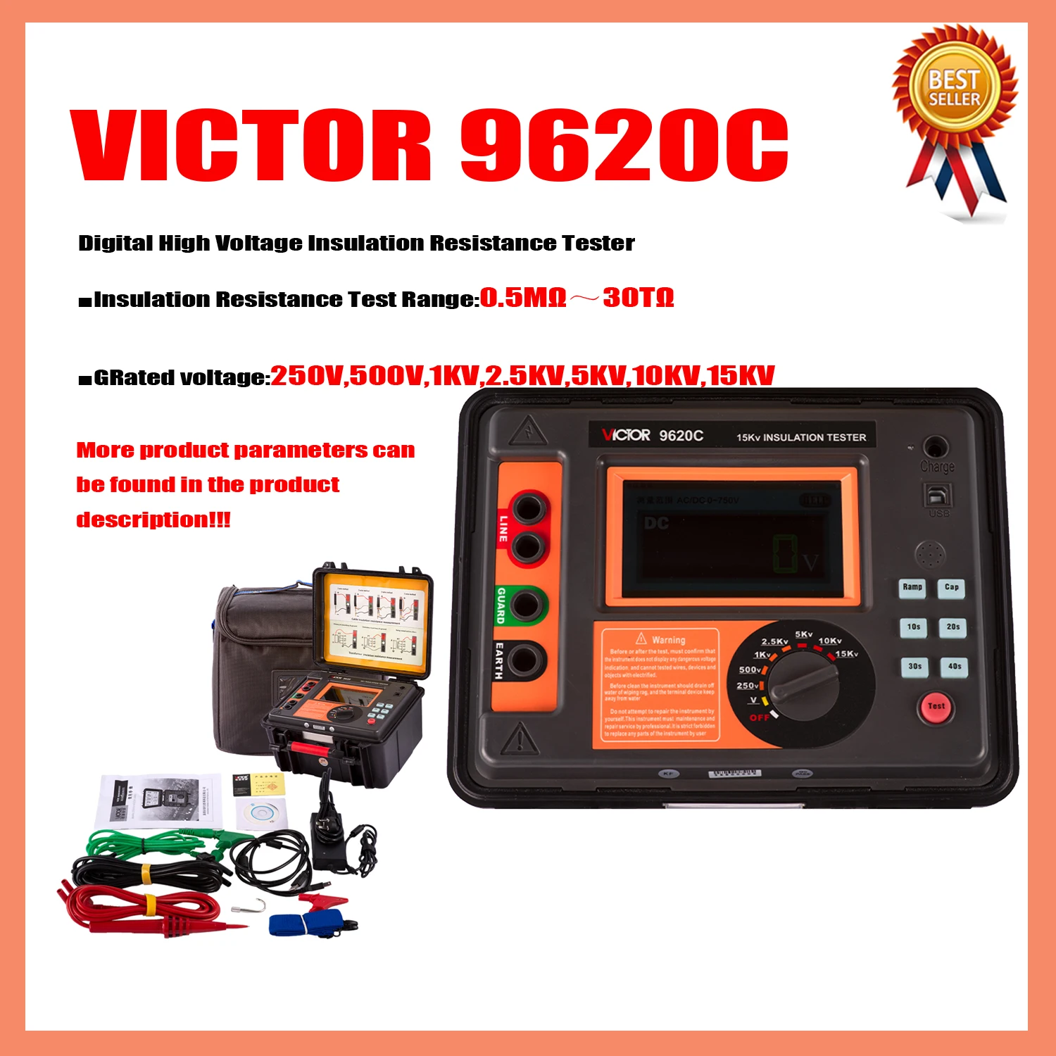 

VICTOR 9620 9620B 9620C Digital High Voltage Insulation Resistance Tester 5KV 10 Tera ohm Insulation Rated Voltager USB.