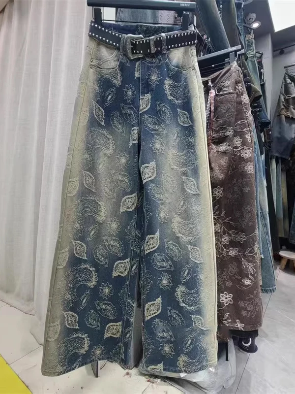 

Синие джинсы с высокой талией и широкими штанинами для женщин, прямые брюки для офиса, стройнящие, осенний сезон, модный тренд, высококачественный принт