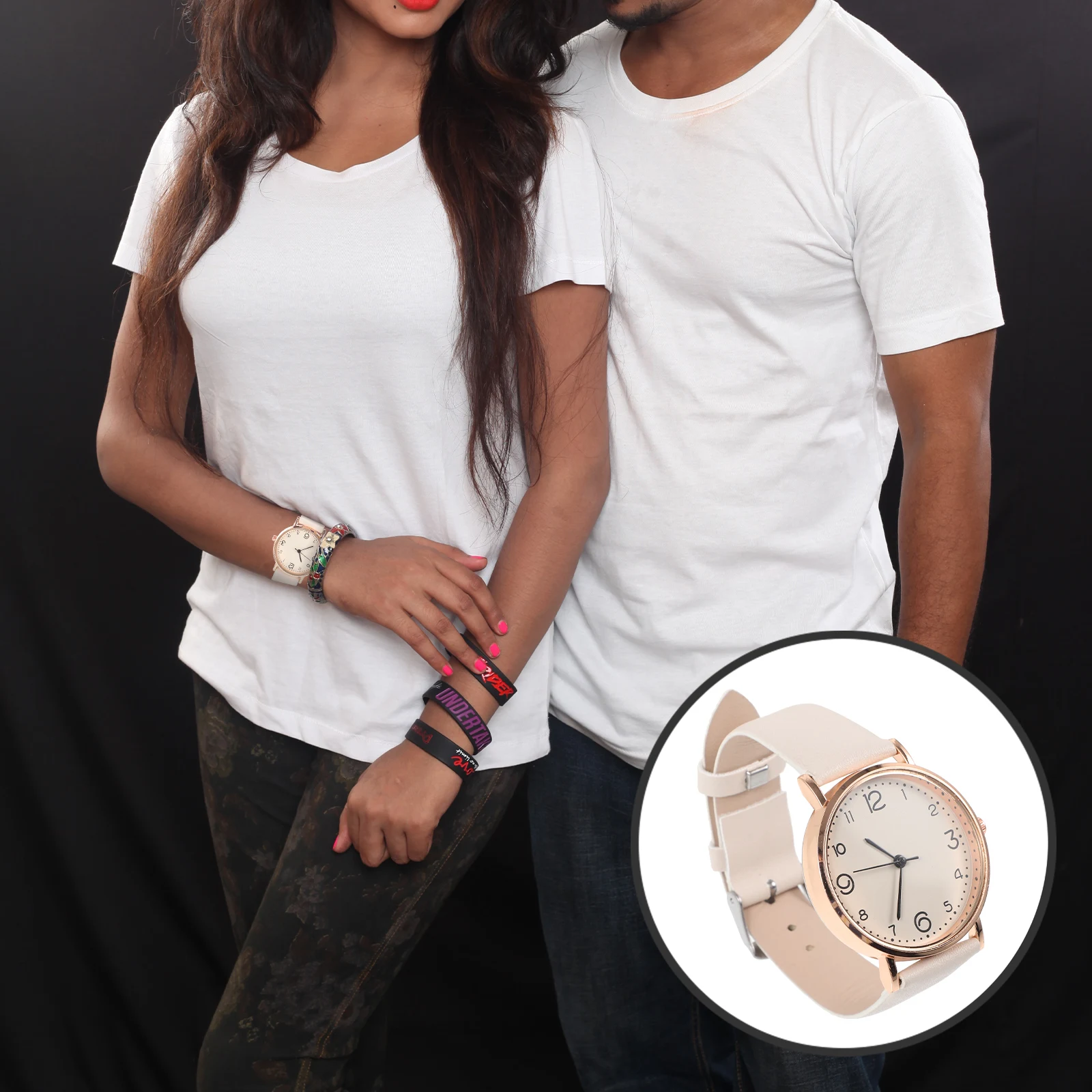 

Lady Watch Fashionable PU Strap Quartz Movement Beige Simple Design Comfortable Wear Any Occasion Gift