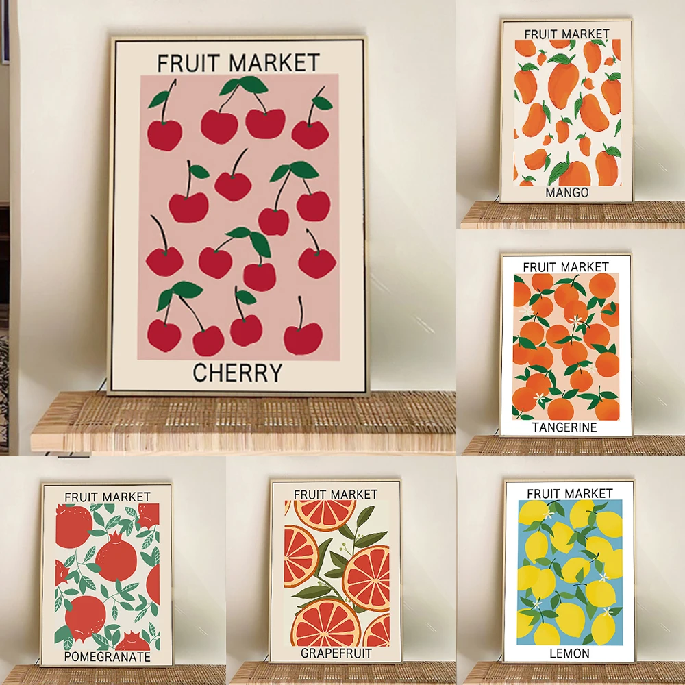 Fruit Market Cherry Art Poster Mango Lemon Grapefruit Pictures Kitchen Wall Art Prints Canvas Paintings for Home Living Room