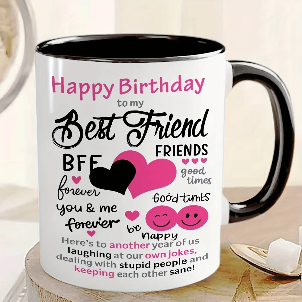 1 Taza de Café de Cerámica de 11 oz con Diseño de Amistad, con Corazón y Letras de Feliz Cumpleaños para Mi Mejor Amiga, Regalo de Cumpleaños para Mejores Amigas, Hermanas de Alma, Diseño Rosa y Negro, Taza Duradera para Té/Café, Regalo Ideal para Amigos