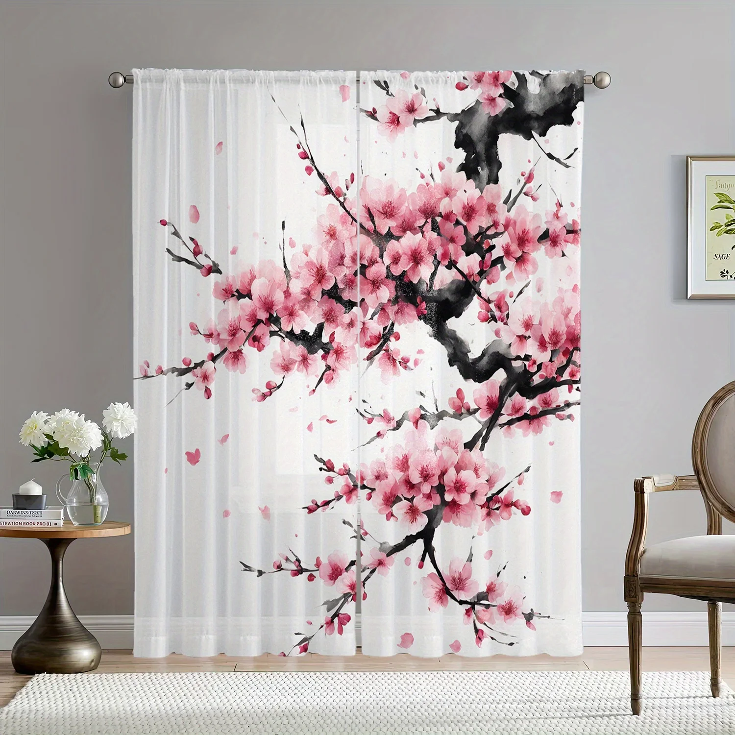 2PC Sheer Sakura Curtains – Pink Floral HD Print Polyester, Pocket Rod, Machine Washable for Living Room & Bedroom