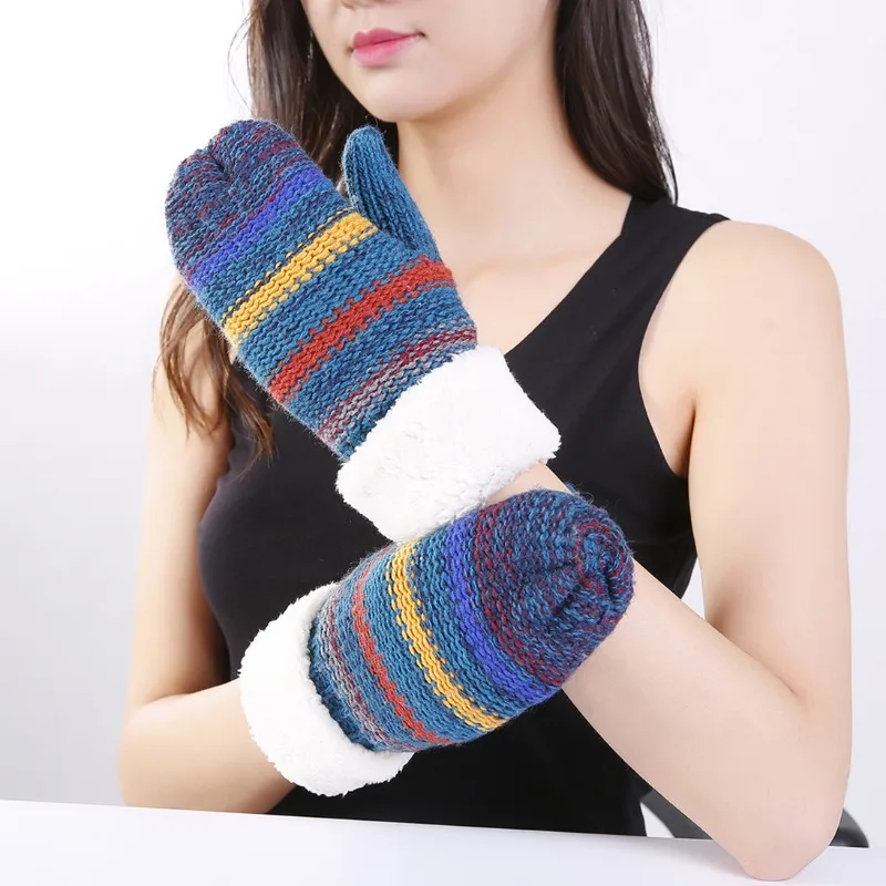 Finger Stripe Mixed Color Warm Gloves Autumn Winter Women Knitted Yarn Fleece Lined Thickened Warm Wrist Soft protective gloves