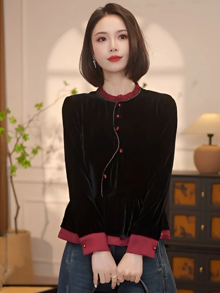

High-End Velvet Long Sve Women's irt Autumn Winter New Sle Unique Super Beautiful Premium Feel Top Faionable Match All