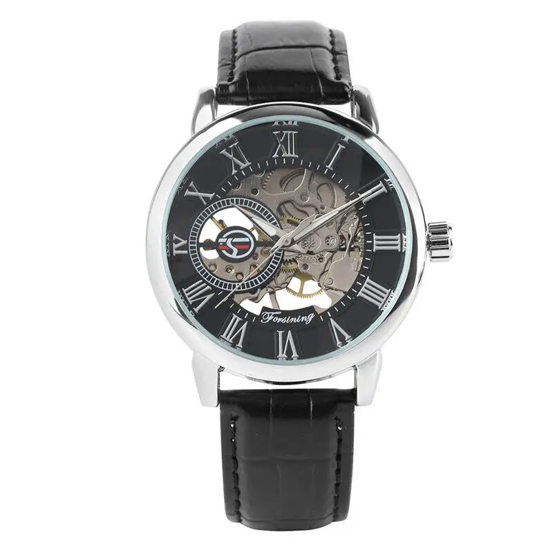 FORSINING Hand Winding Watch for Men Black Leather Strap Roman Numerals Display