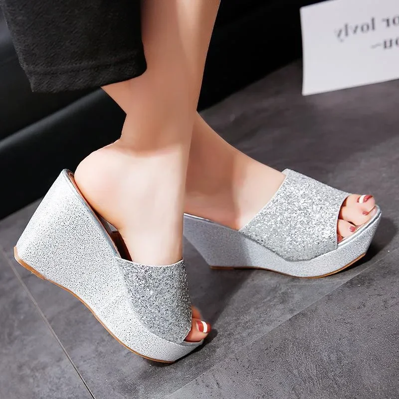 Maogu Women Shoes Slippers Summer Casual Thick Sole Silver Shoe Mules High Heels Sandals Bling Sequine Platform Wedge Slides