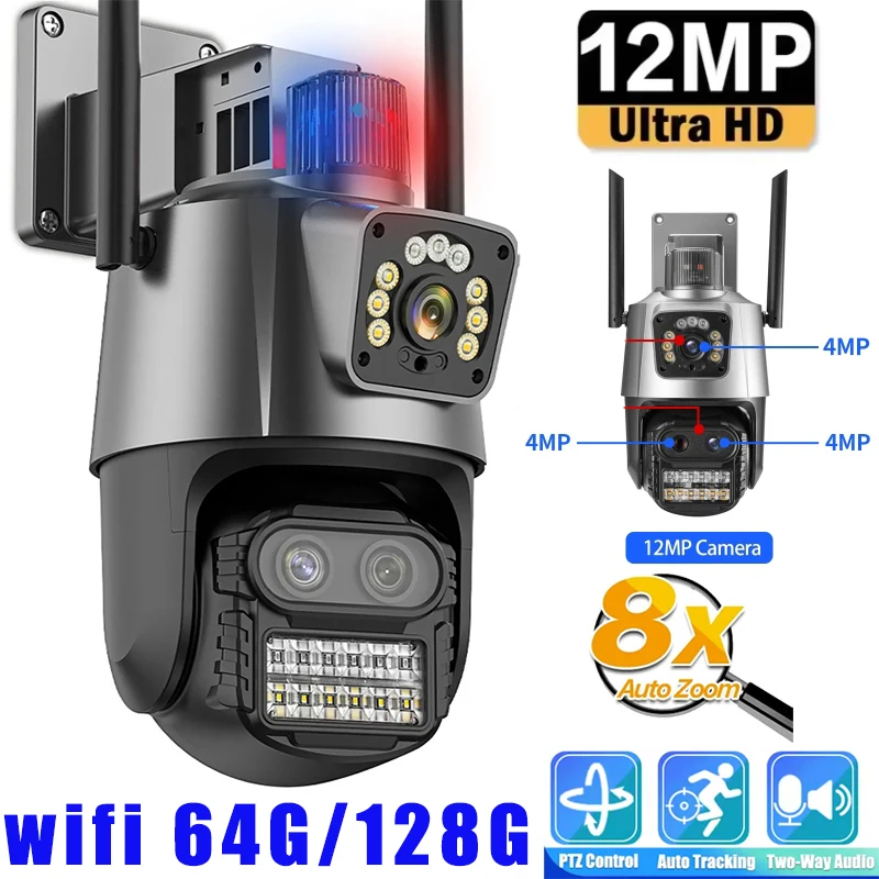 

12-мегапиксельная Wi-Fi IP-камера, уличная, с тремя объективами, двойной экран, 8-кратный PTZ-зум, видео, автоматическое отслеживание, CCTV, защита, наблюдение ICSEE