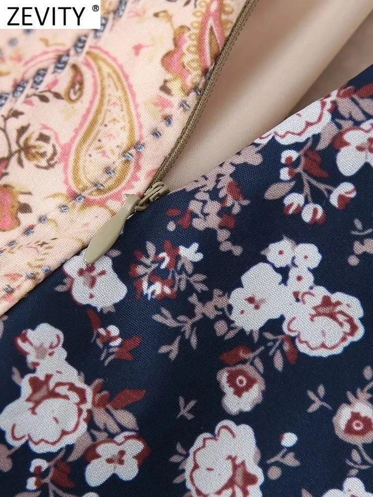 Zevity nouvelles femmes mode noix de cajou fleur Patchwork imprimé jupe Faldas Mujer femme Chic côté fermeture éclair une ligne robes QUN4783