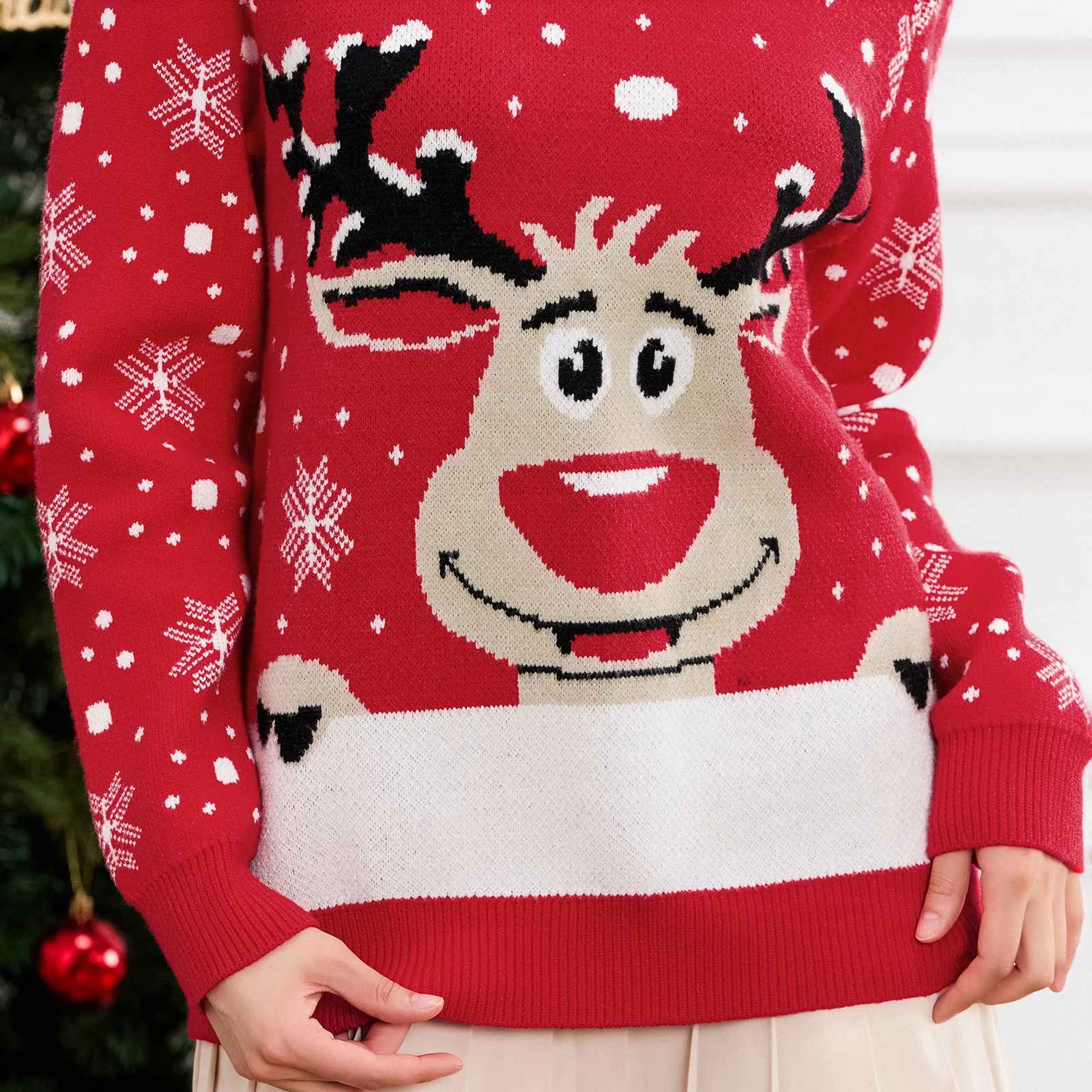 2024 Women Men Christmas Warm Sweaters Autumn Winter Loose Reindeer Print Crew Neck Long Sleeve Pullover Knitted Xmas Tops