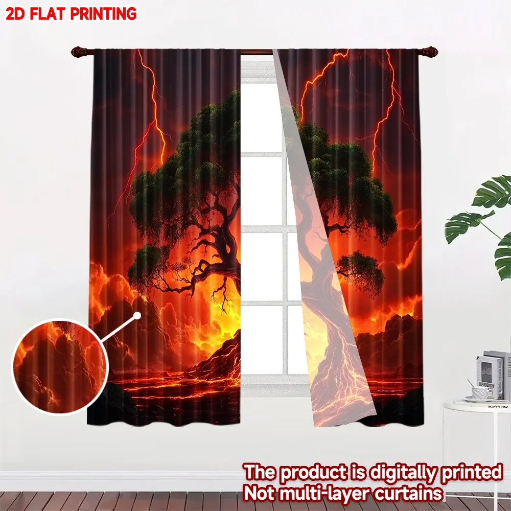 2D flat printing 2pcs Party Curtains Fiery Tree Under Lightning Digital Printed Polyester Drapes Festive Curtains Perfect for