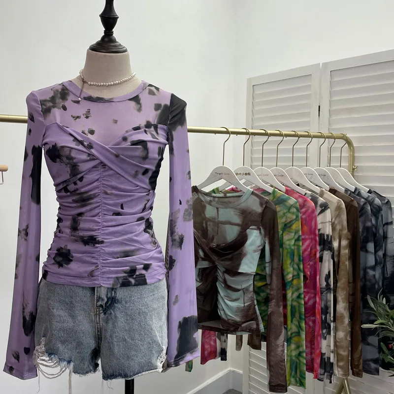 

SsTss Women's Sheer Mesh T-Shirts New Fashion Summer Tie Dye Print O Neck Long Sleeve Hollow Out Patched Slim Ruched Crop Tops