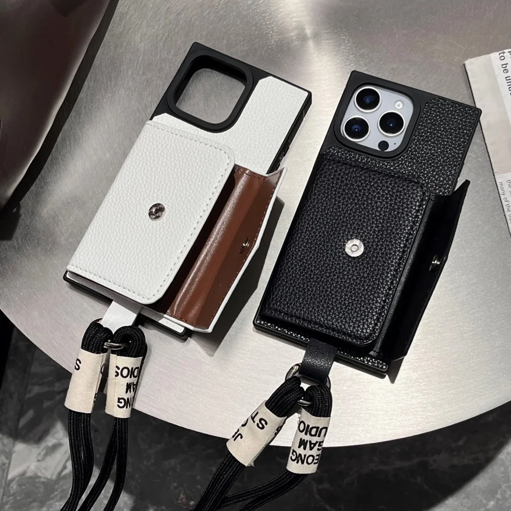 Casing Ponsel Saku Dompet Kartu Tas Kulit Modis untuk iPhone 16 15 14 13 12 11 Pro Max Sampul dengan Tali Penyandang