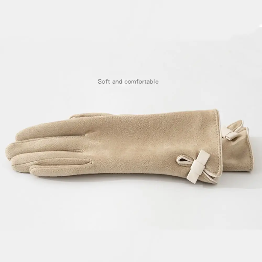 All-Match Velvet Winter Bow Suede Gloves Bownot Soft Pu Leather Gloves Touch Screen Warm Women Cycling Mittens Winter
