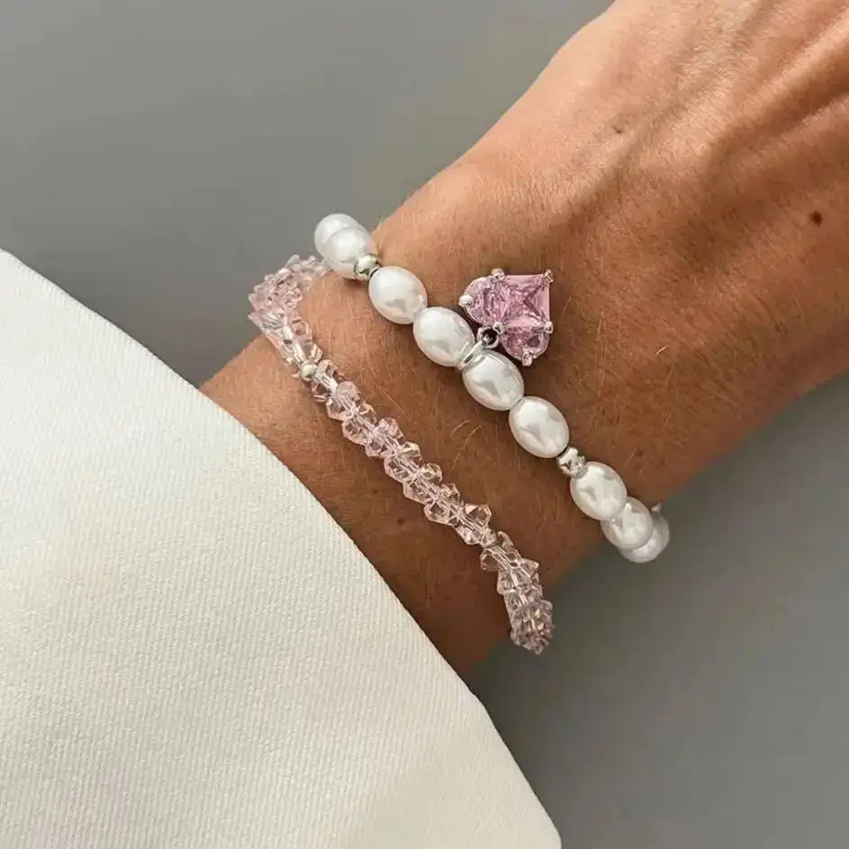 

KunJoe 2pcs/set Elegant Imitation Pearl Crystal Chain Bracelets for Women Shinny Rhinestone Heart Pendant Bracelet Jewelry Gift