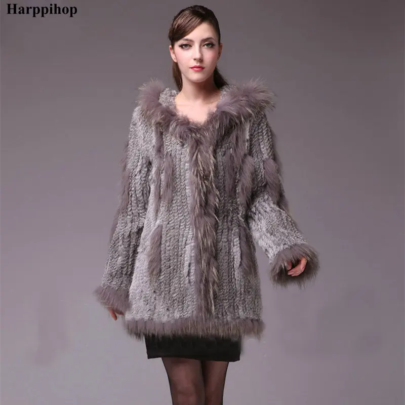 2021 lady knitted Real genuine rabbit fur coat/ jacket/ outwear/Garment with raccoon collar hood women  long with tassels